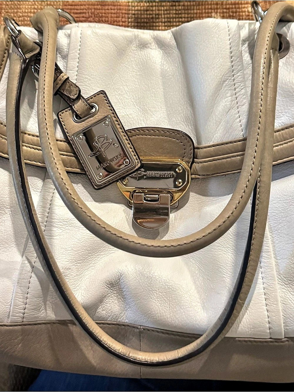 B. Makowsky Leather Shoulder Bag in White & Beige